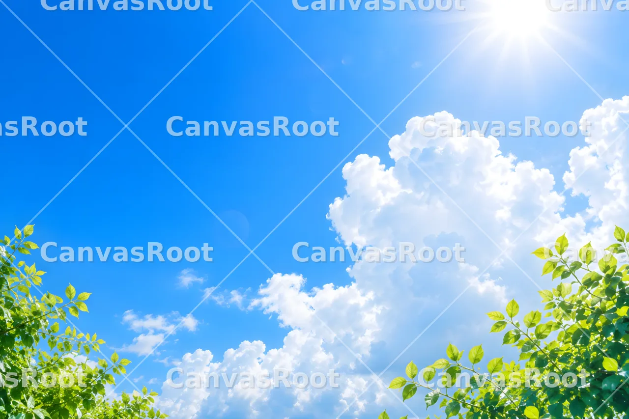 夏の青空と入道雲・新緑の背景｜太陽と爽やかな空