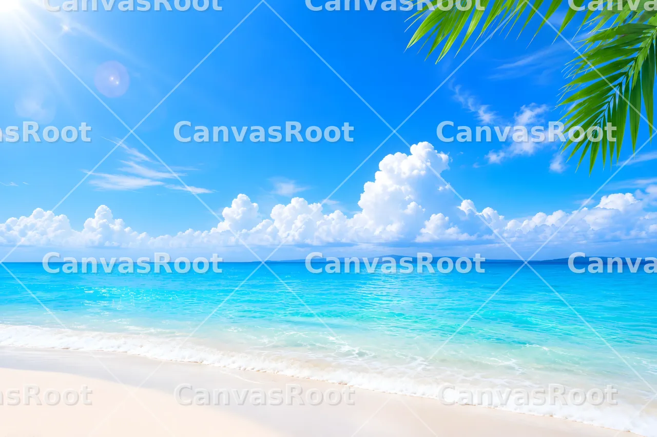 夏の海・トロピカルビーチ背景｜青空とヤシの葉