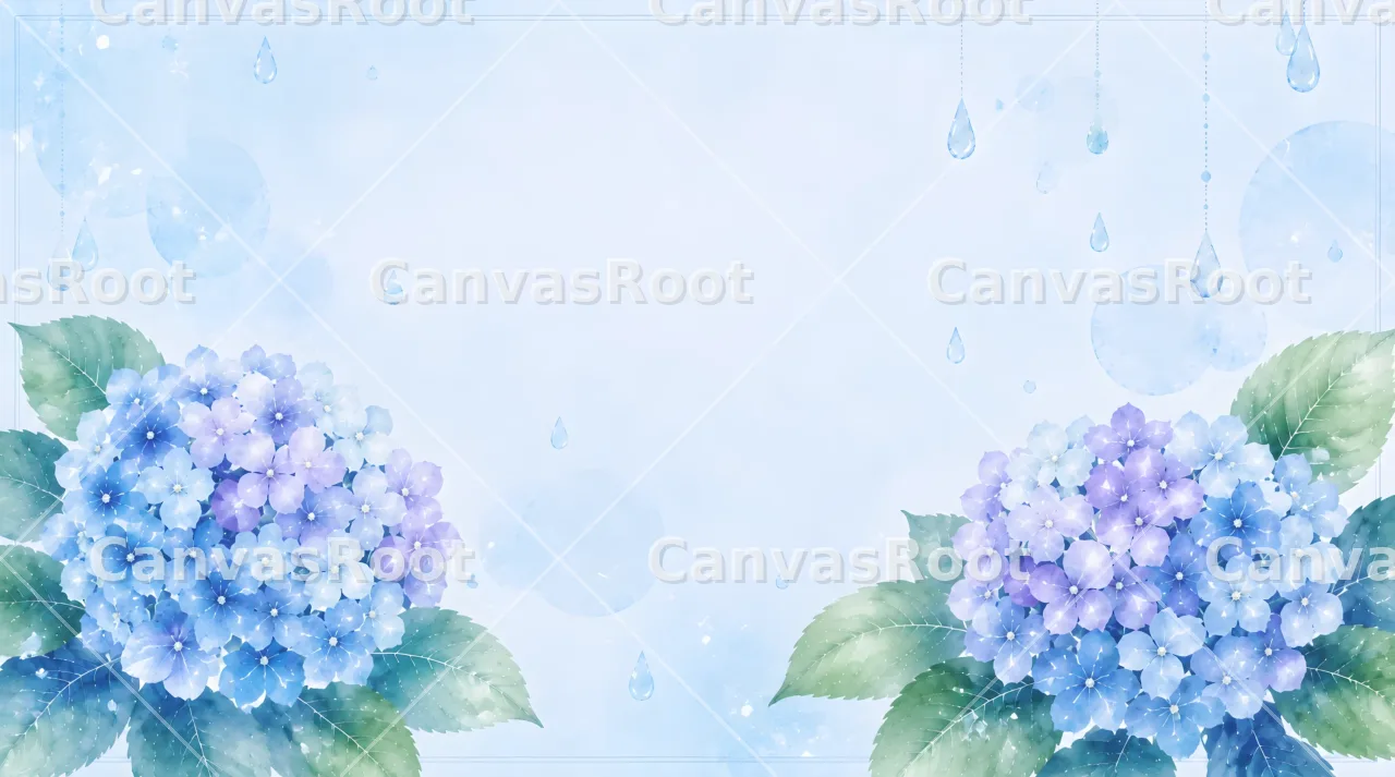 紫陽花の水彩フレーム背景｜梅雨の花と雨粒